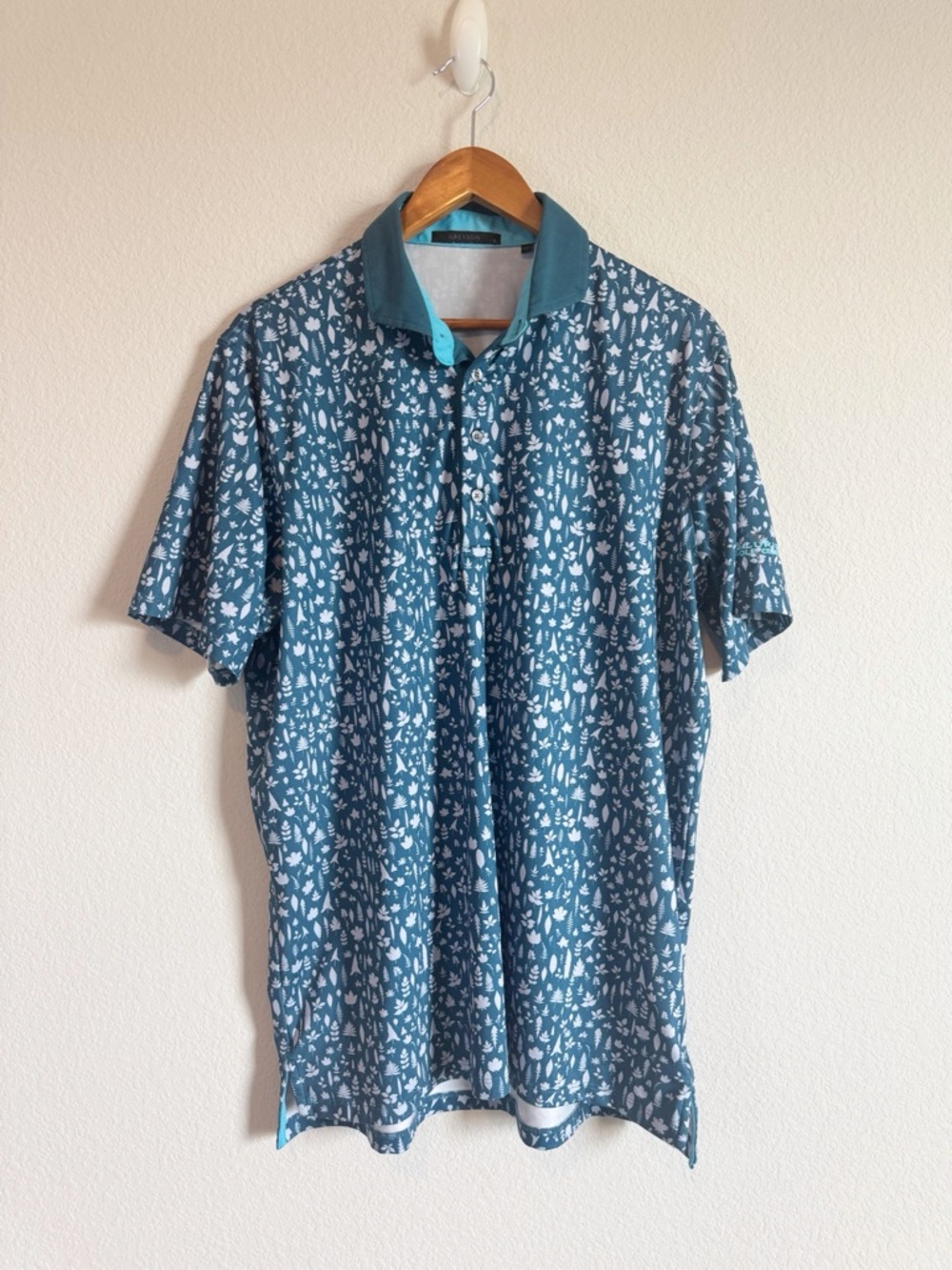 Greyson Men's Magical Ferns Blue Purple Leaf Print Polo Golf Shirt Size Large